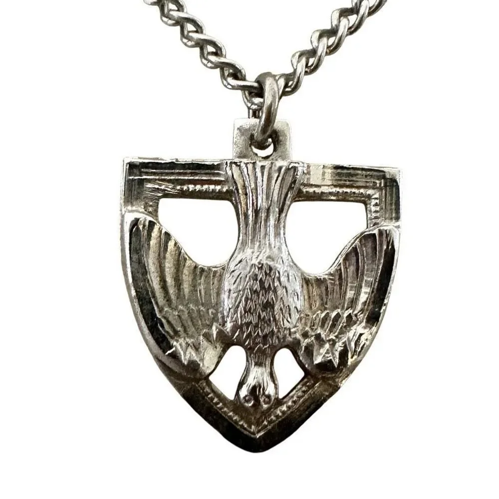 Silver tone eagle shield pendant necklace